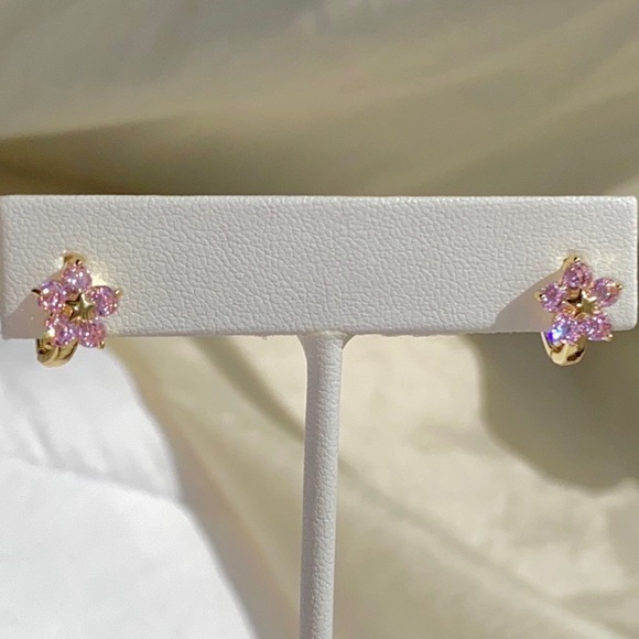 Pink Gold Diamond Flower Huggie - Picture 3 of 4